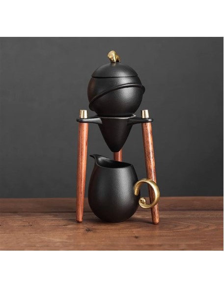Japanese Chinese Style Rotatable Ceramic Tea Set with Stand 6cups Tea Gift Sets,Black