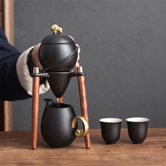 Japanese Chinese Style Rotatable Ceramic Tea Set with Stand 6cups Tea Gift Sets,Black