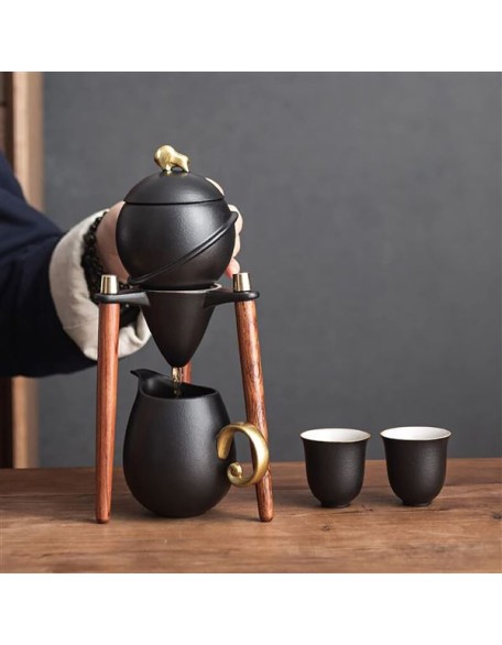 Japanese Chinese Style Rotatable Ceramic Tea Set with Stand 6cups Tea Gift Sets,Black
