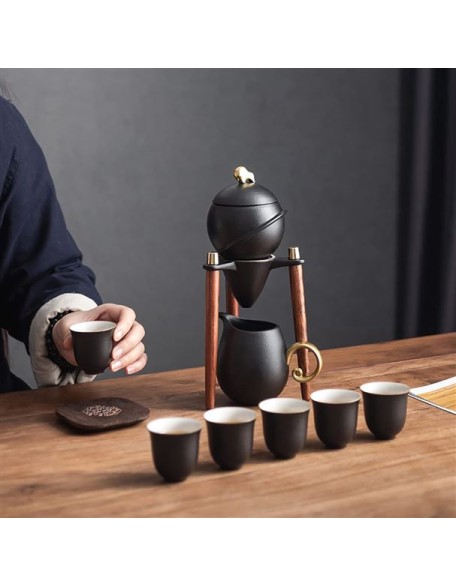 Japanese Chinese Style Rotatable Ceramic Tea Set with Stand 6cups Tea Gift Sets,Black