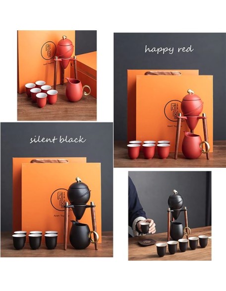Japanese Chinese Style Rotatable Ceramic Tea Set with Stand 6cups Tea Gift Sets,Black