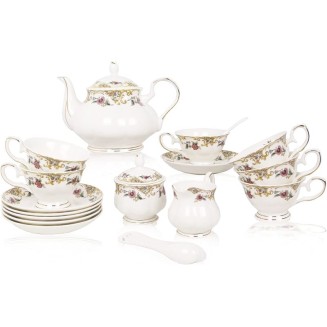 Bone China Tea Set for Adults White And Floral Fine China Tea Set 21-Piece English Tea Cups Set of 6 for Women Porcelain Tea Set with Teapot, Sugar Bowl,Creamer Pitcher, Tea Party Sets