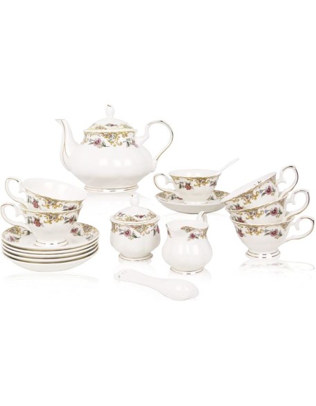 Bone China Tea Set for Adults White And Floral Fine China Tea Set 21-Piece English Tea Cups Set of 6 for Women Porcelain Tea Set with Teapot, Sugar Bowl,Creamer Pitcher, Tea Party Sets
