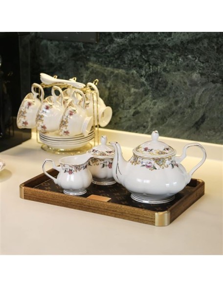 Bone China Tea Set for Adults White And Floral Fine China Tea Set 21-Piece English Tea Cups Set of 6 for Women Porcelain Tea Set with Teapot, Sugar Bowl,Creamer Pitcher, Tea Party Sets