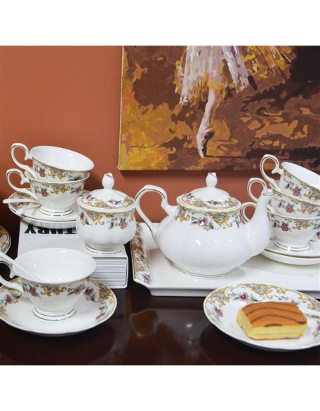 Bone China Tea Set for Adults White And Floral Fine China Tea Set 21-Piece English Tea Cups Set of 6 for Women Porcelain Tea Set with Teapot, Sugar Bowl,Creamer Pitcher, Tea Party Sets