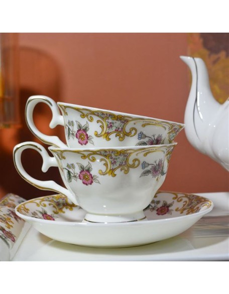 Bone China Tea Set for Adults White And Floral Fine China Tea Set 21-Piece English Tea Cups Set of 6 for Women Porcelain Tea Set with Teapot, Sugar Bowl,Creamer Pitcher, Tea Party Sets