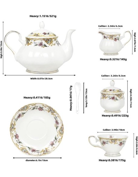Bone China Tea Set for Adults White And Floral Fine China Tea Set 21-Piece English Tea Cups Set of 6 for Women Porcelain Tea Set with Teapot, Sugar Bowl,Creamer Pitcher, Tea Party Sets