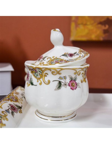 Bone China Tea Set for Adults White And Floral Fine China Tea Set 21-Piece English Tea Cups Set of 6 for Women Porcelain Tea Set with Teapot, Sugar Bowl,Creamer Pitcher, Tea Party Sets