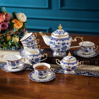Bone China Tea Set for 6, Blue and White Tea Set for Adults, Vintage Floral Tea Sets for Women Tea Party or Gift Giving
