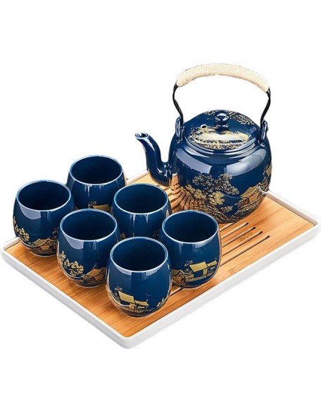 Porcelain Tea Set Japanese Tea Set, China Tea Cups with 6 Tea Cups 1 Teapot with 1 Saucers Tea Gift Sets for Great Gift Adults Tea Party Coffee Milk-Blue-A (Color : Blue, Size : A)