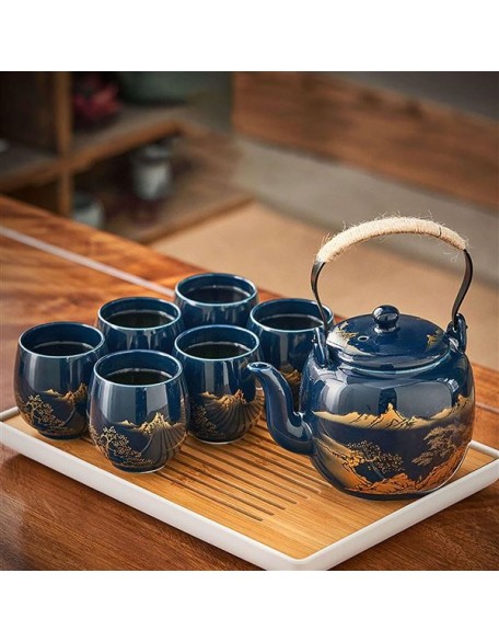 Porcelain Tea Set Japanese Tea Set, China Tea Cups with 6 Tea Cups 1 Teapot with 1 Saucers Tea Gift Sets for Great Gift Adults Tea Party Coffee Milk-Blue-A (Color : Blue, Size : A)