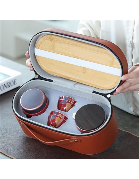 Chinese Ceramic Travel Tea Set with Handbag Portable Kung Fu Set All in One Teapot/Covered Bowl Tea Set/gaiwan Tea Set Gift Bag,Japanese Teapot Cup Set for Adults Coffee