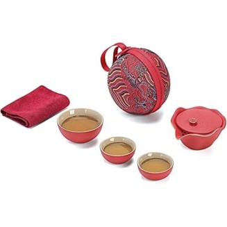 Portable Chinese Travel Tea Sets, Handmade Ceramics Teapot with Travel Bag, 3 Teacups, for Family Gathering Portable Chinese Travel Tea Sets,Black with Tea cans (Color : Black with Tea Cans) (Red)