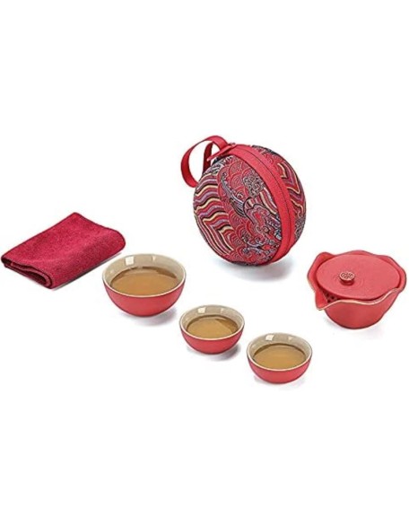 Portable Chinese Travel Tea Sets, Handmade Ceramics Teapot with Travel Bag, 3 Teacups, for Family Gathering Portable Chinese Travel Tea Sets,Black with Tea cans (Color : Black with Tea Cans) (Red)