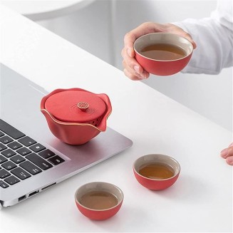 Portable Chinese Travel Tea Sets, Handmade Ceramics Teapot with Travel Bag, 3 Teacups, for Family Gathering Portable Chinese Travel Tea Sets,Black with Tea cans (Color : Black with Tea Cans) (Red)