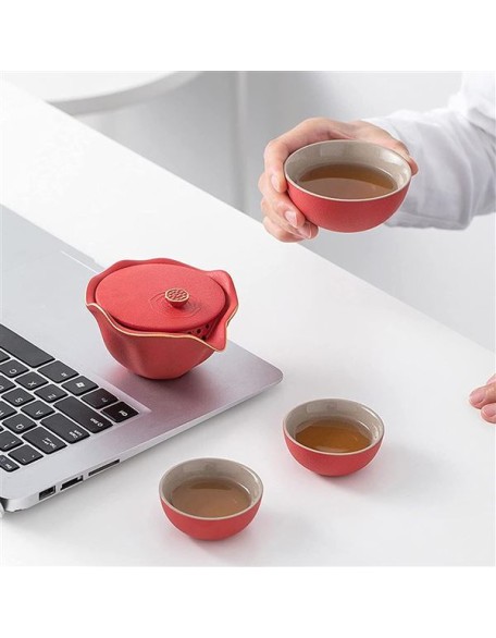 Portable Chinese Travel Tea Sets, Handmade Ceramics Teapot with Travel Bag, 3 Teacups, for Family Gathering Portable Chinese Travel Tea Sets,Black with Tea cans (Color : Black with Tea Cans) (Red)