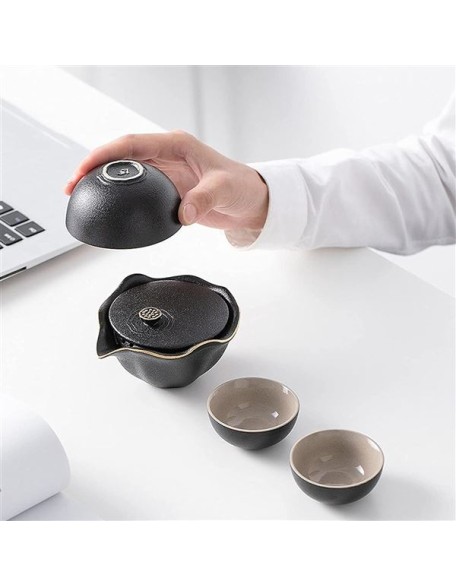 Portable Chinese Travel Tea Sets, Handmade Ceramics Teapot with Travel Bag, 3 Teacups, for Family Gathering Portable Chinese Travel Tea Sets,Black with Tea cans (Color : Black with Tea Cans) (Red)