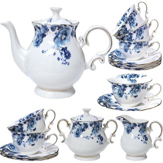 21-Piece Bone China Tea Set for Adults, Blue and White Porcelain Tea Set for 6, Vintage Floral Tea Set With Teapot Creamer Pitcher Sugar Bowl and Teaspoons, Tea Party Sets for Women Gift