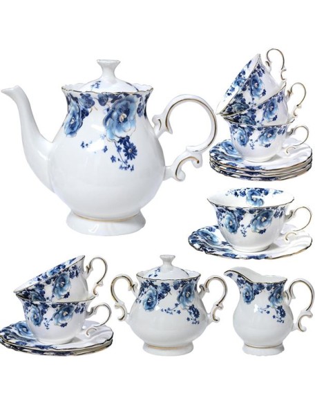 21-Piece Bone China Tea Set for Adults, Blue and White Porcelain Tea Set for 6, Vintage Floral Tea Set With Teapot Creamer Pitcher Sugar Bowl and Teaspoons, Tea Party Sets for Women Gift