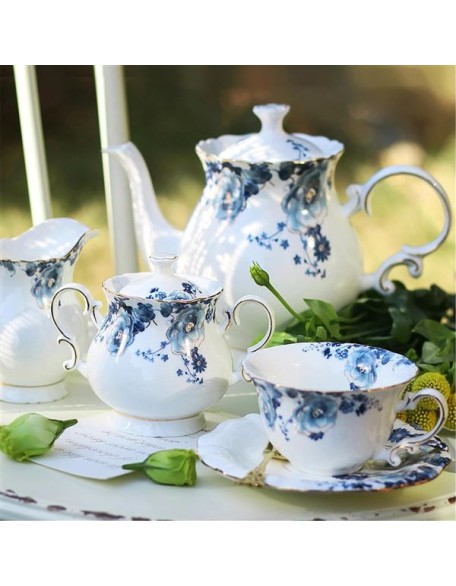 21-Piece Bone China Tea Set for Adults, Blue and White Porcelain Tea Set for 6, Vintage Floral Tea Set With Teapot Creamer Pitcher Sugar Bowl and Teaspoons, Tea Party Sets for Women Gift