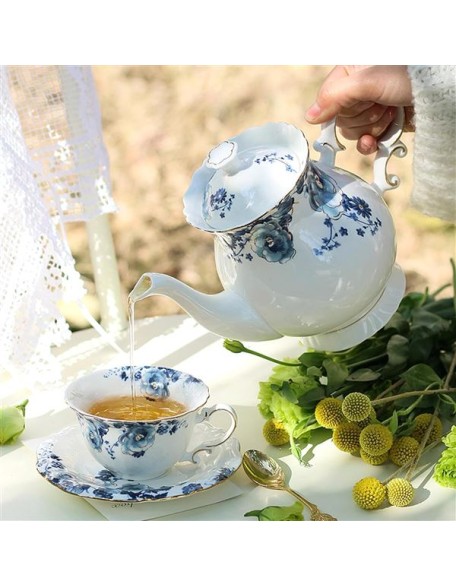 21-Piece Bone China Tea Set for Adults, Blue and White Porcelain Tea Set for 6, Vintage Floral Tea Set With Teapot Creamer Pitcher Sugar Bowl and Teaspoons, Tea Party Sets for Women Gift