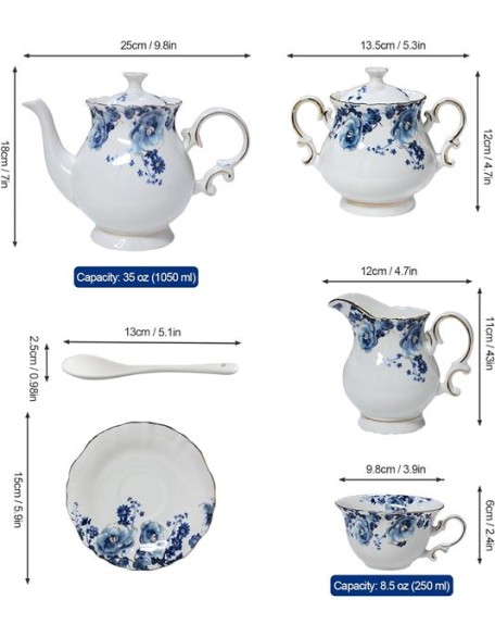 21-Piece Bone China Tea Set for Adults, Blue and White Porcelain Tea Set for 6, Vintage Floral Tea Set With Teapot Creamer Pitcher Sugar Bowl and Teaspoons, Tea Party Sets for Women Gift