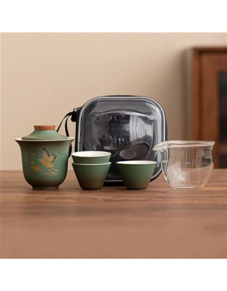 chinese tea set,chinese ceramic tea cup, Portable Ceramic Tea Pot And Cup Set Boutique Tea Set Chinese Crane Handmade Travel Teaware Gaiwan Custom Drinkware 1 Pot 3 Cups Teapot (Color : E)