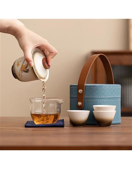 chinese tea set,chinese ceramic tea cup, Portable Ceramic Tea Pot And Cup Set Boutique Tea Set Chinese Crane Handmade Travel Teaware Gaiwan Custom Drinkware 1 Pot 3 Cups Teapot (Color : E)