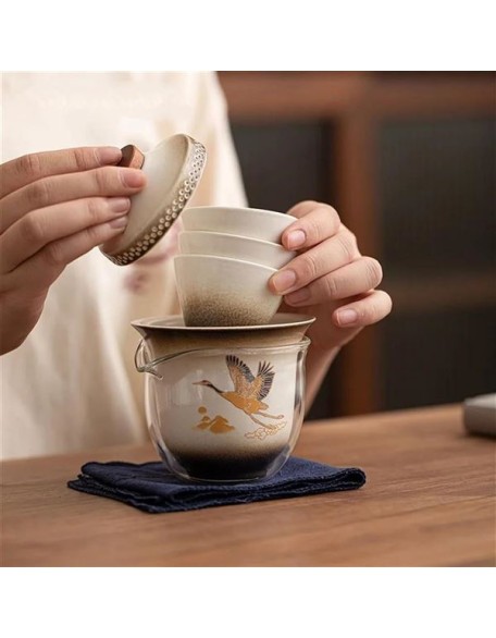 chinese tea set,chinese ceramic tea cup, Portable Ceramic Tea Pot And Cup Set Boutique Tea Set Chinese Crane Handmade Travel Teaware Gaiwan Custom Drinkware 1 Pot 3 Cups Teapot (Color : E)