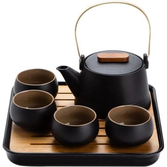 chinese tea set,chinese ceramic tea cup, Kung Fu Home Tea Set Office Travel Teaware Good Gifts Japanese Style Black Pottery Beam Teapot Tea Set One Pot Four Cups With Bag Teapot