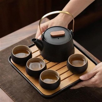 chinese tea set,chinese ceramic tea cup, Kung Fu Home Tea Set Office Travel Teaware Good Gifts Japanese Style Black Pottery Beam Teapot Tea Set One Pot Four Cups With Bag Teapot