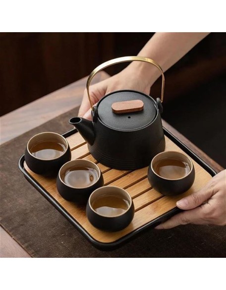 chinese tea set,chinese ceramic tea cup, Kung Fu Home Tea Set Office Travel Teaware Good Gifts Japanese Style Black Pottery Beam Teapot Tea Set One Pot Four Cups With Bag Teapot