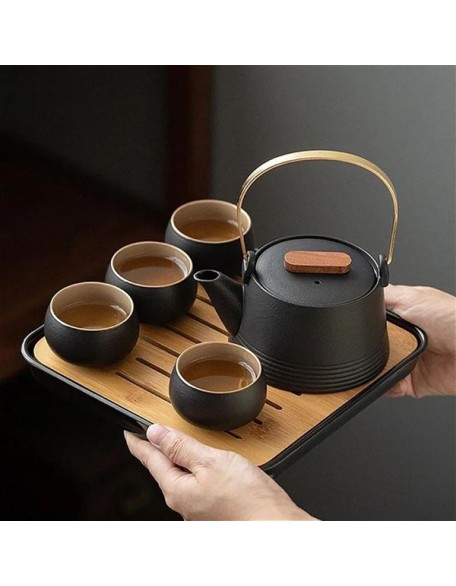 chinese tea set,chinese ceramic tea cup, Kung Fu Home Tea Set Office Travel Teaware Good Gifts Japanese Style Black Pottery Beam Teapot Tea Set One Pot Four Cups With Bag Teapot