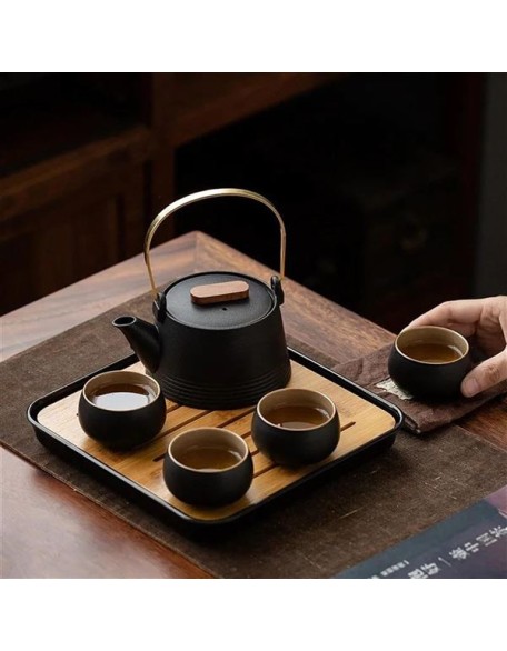 chinese tea set,chinese ceramic tea cup, Kung Fu Home Tea Set Office Travel Teaware Good Gifts Japanese Style Black Pottery Beam Teapot Tea Set One Pot Four Cups With Bag Teapot