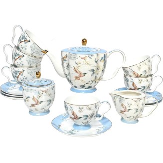Bone China Tea Set, Porcelain Tea Sets for Adults, Blue and White Bone China Tea Cup Set for 6, Vintage Tea Sets for Women Tea Party