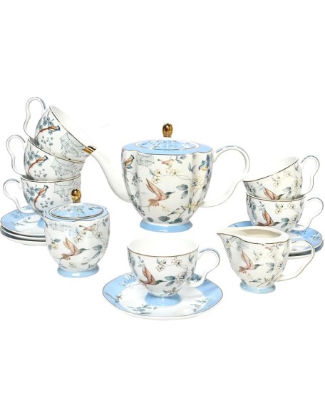 Bone China Tea Set, Porcelain Tea Sets for Adults, Blue and White Bone China Tea Cup Set for 6, Vintage Tea Sets for Women Tea Party