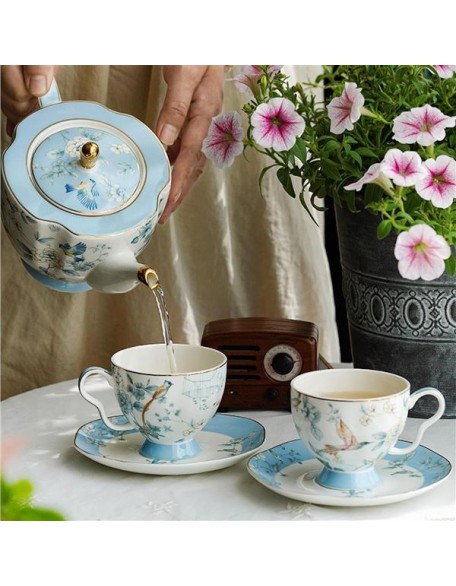 Bone China Tea Set, Porcelain Tea Sets for Adults, Blue and White Bone China Tea Cup Set for 6, Vintage Tea Sets for Women Tea Party