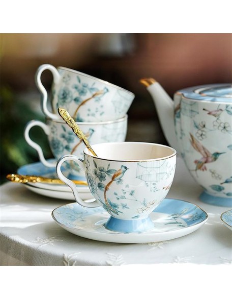 Bone China Tea Set, Porcelain Tea Sets for Adults, Blue and White Bone China Tea Cup Set for 6, Vintage Tea Sets for Women Tea Party