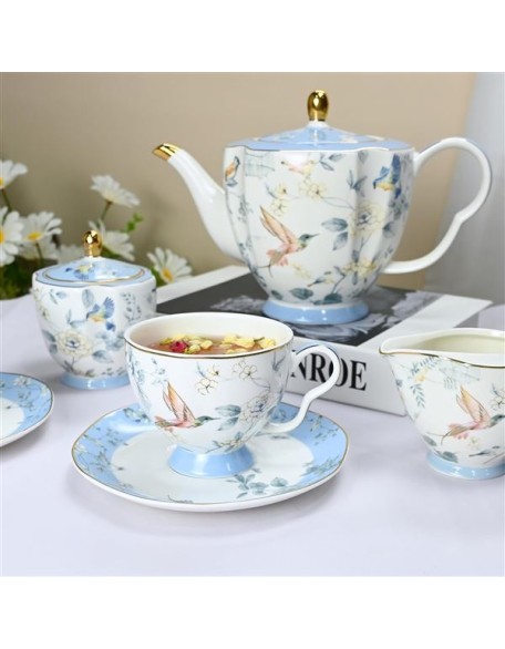Bone China Tea Set, Porcelain Tea Sets for Adults, Blue and White Bone China Tea Cup Set for 6, Vintage Tea Sets for Women Tea Party