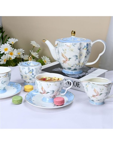 Bone China Tea Set, Porcelain Tea Sets for Adults, Blue and White Bone China Tea Cup Set for 6, Vintage Tea Sets for Women Tea Party