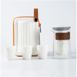 Portable Travel Tea Set, with Infuser Chinese Kung Fu Teaport with 1 Glass Pot & 3 Ceramic Teacups,Portable Bag for Travel,Outdoor,Home,Office,White (White)