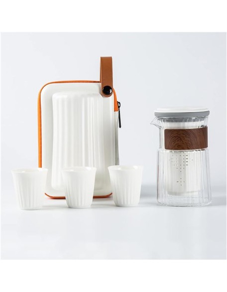 Portable Travel Tea Set, with Infuser Chinese Kung Fu Teaport with 1 Glass Pot & 3 Ceramic Teacups,Portable Bag for Travel,Outdoor,Home,Office,White (White)