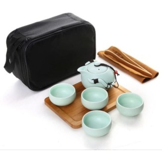 Tea Set Coffee Cup Set Tea Cup Set Portable Travel Tea Set Chinese Handmade Ceramic Teapot and 4 Teacups Bamboo Teatray (1set) ()