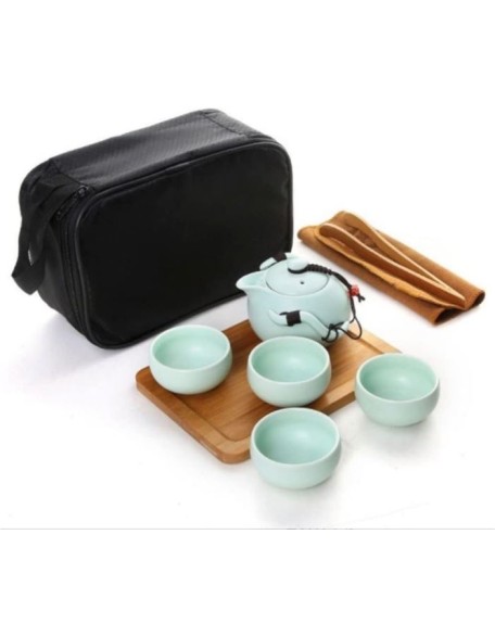 Tea Set Coffee Cup Set Tea Cup Set Portable Travel Tea Set Chinese Handmade Ceramic Teapot and 4 Teacups Bamboo Teatray (1set) ()