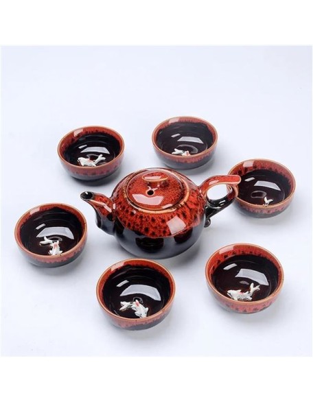 Portable Tea Sets Gifts Chinese Style Ceramic Kung Fu Tea Set 1 Pot 6 Cups Fish Play Tea Set Travel Tea Set s & Coffee Servers(C) (C)