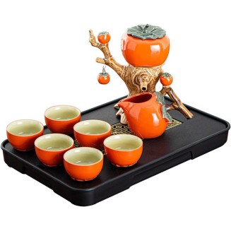 Chinese Ceramic Kungfu Tea Set Gift,Traditional Wedding Decoration Supplies,Semi-Automatic Stone-Mill Design Handmade Ceramics Tea Pot 6 Cups Japanese Kung Fu Tea Orange