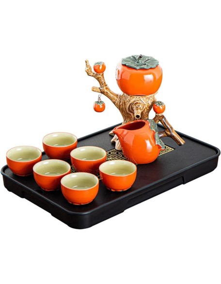 Chinese Ceramic Kungfu Tea Set Gift,Traditional Wedding Decoration Supplies,Semi-Automatic Stone-Mill Design Handmade Ceramics Tea Pot 6 Cups Japanese Kung Fu Tea Orange