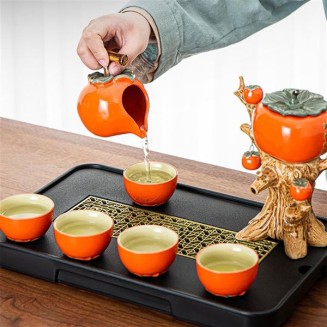 Chinese Ceramic Kungfu Tea Set Gift,Traditional Wedding Decoration Supplies,Semi-Automatic Stone-Mill Design Handmade Ceramics Tea Pot 6 Cups Japanese Kung Fu Tea Orange
