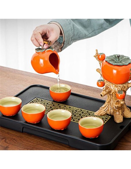 Chinese Ceramic Kungfu Tea Set Gift,Traditional Wedding Decoration Supplies,Semi-Automatic Stone-Mill Design Handmade Ceramics Tea Pot 6 Cups Japanese Kung Fu Tea Orange