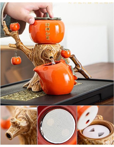 Chinese Ceramic Kungfu Tea Set Gift,Traditional Wedding Decoration Supplies,Semi-Automatic Stone-Mill Design Handmade Ceramics Tea Pot 6 Cups Japanese Kung Fu Tea Orange